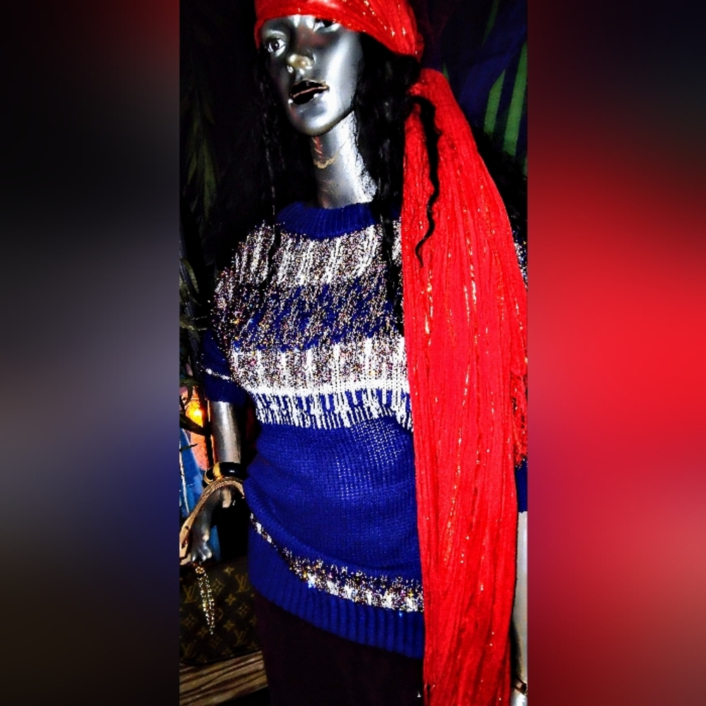 Blue and Silver Knit Sweater with Red Scarf